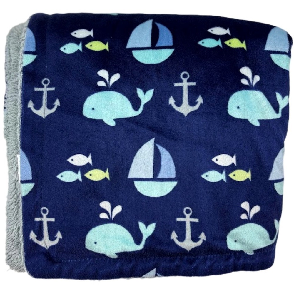 Luvable Friends Blue Whale Sailboat Anchor Fish Baby Blanket Gray Sherpa Back